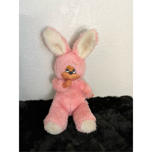 Monchichi Monkey Stuffed Animal Pink Rabbit Plush Sucking Thumb 60s Vtg Easter - Picture 1 of 4